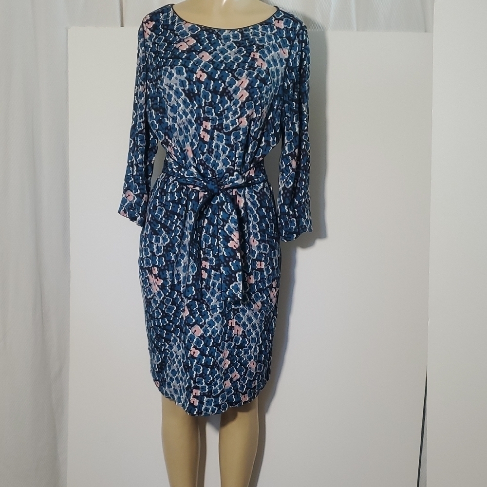 Boden Pink Blue Kelly Jersey Tie Waist Floral Back Zip Knee Length Dress Size12R